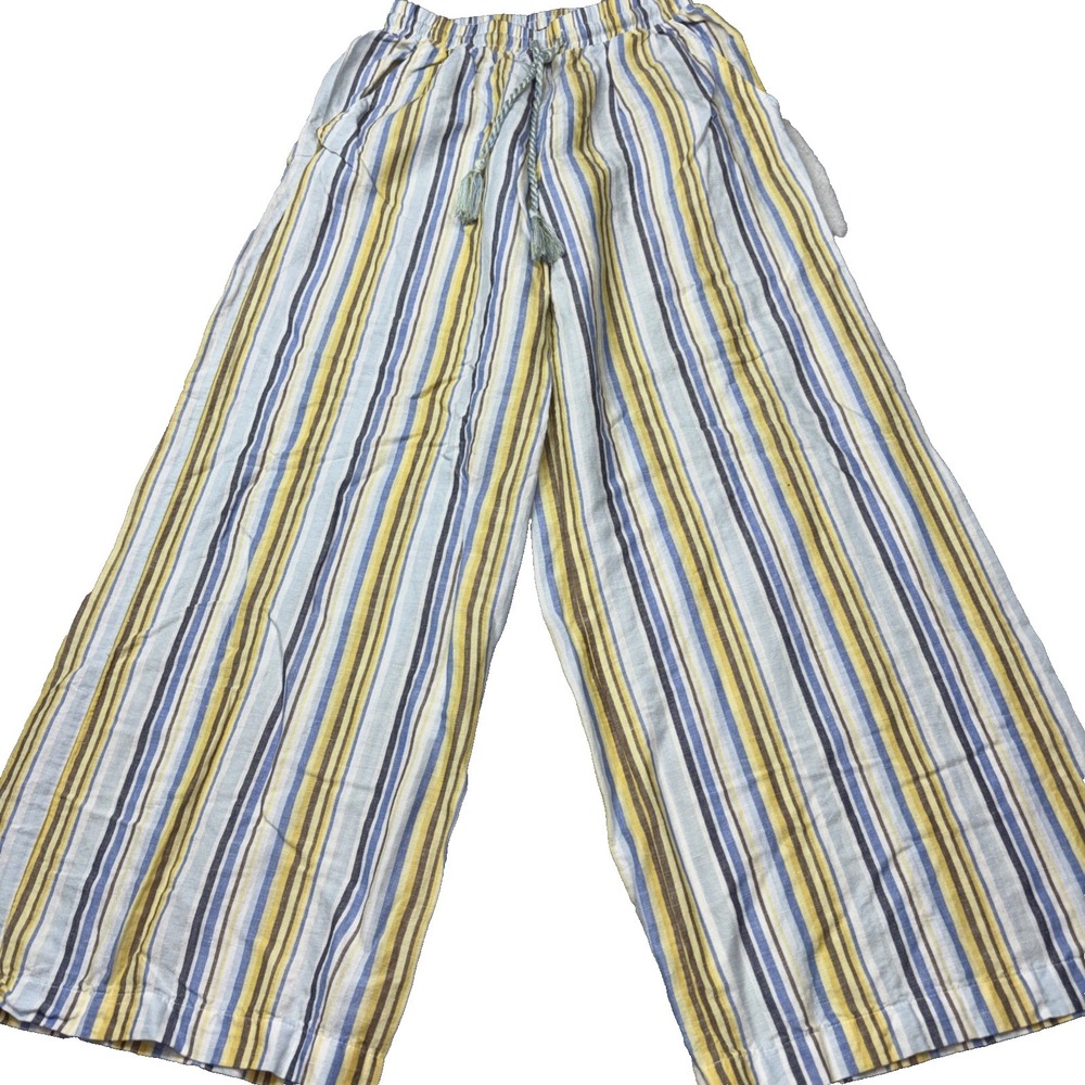 For Cynthia Pants Womens Small Yellow Brown Blue Striped Linen Blend Wide Leg